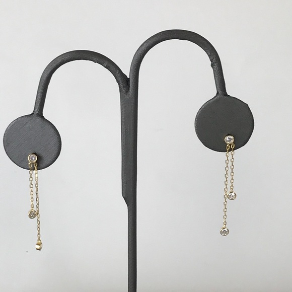 Yellow Gold Plated Bezel Dangling CZ .925 Earring - Picture 2 of 4